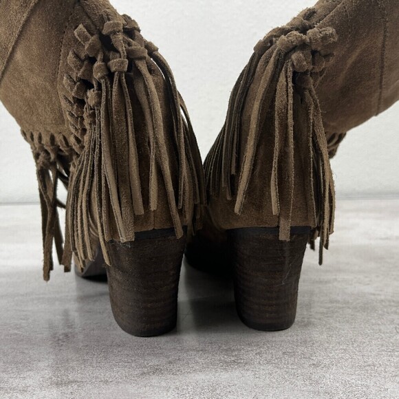 Sbicca Size 7.5 Khaki Sound Suede Leather Fringe Bootie Western Rodeo Heel Boots - Picture 10 of 12
